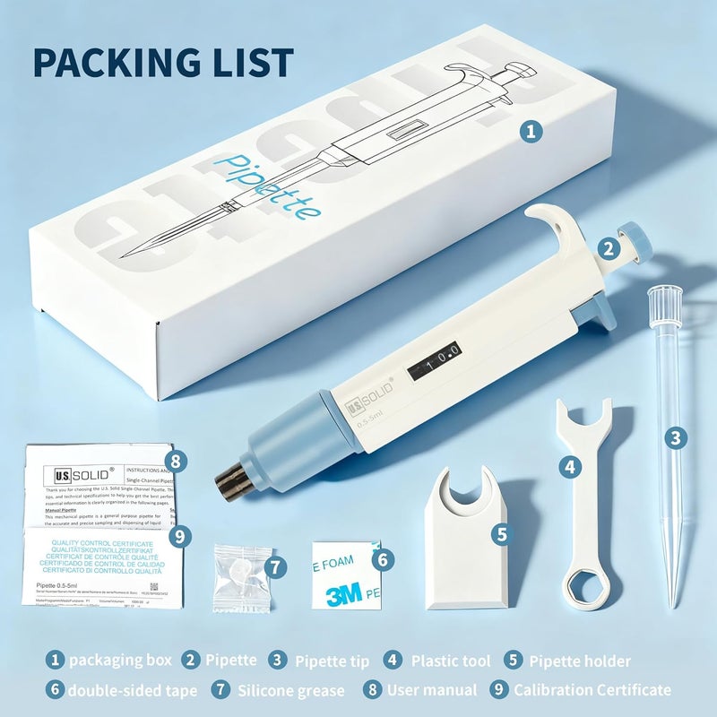 U.S. Solid 0.5-5 ml Single Channel Pipette - Adjustable Scientific Micropipette High Accuracy Pipettor - Image 4